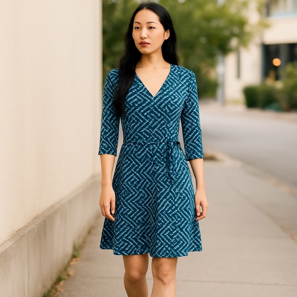 41 Hawthorne Jersey Wrap V-Neck Dress Green & Blue Printed Small